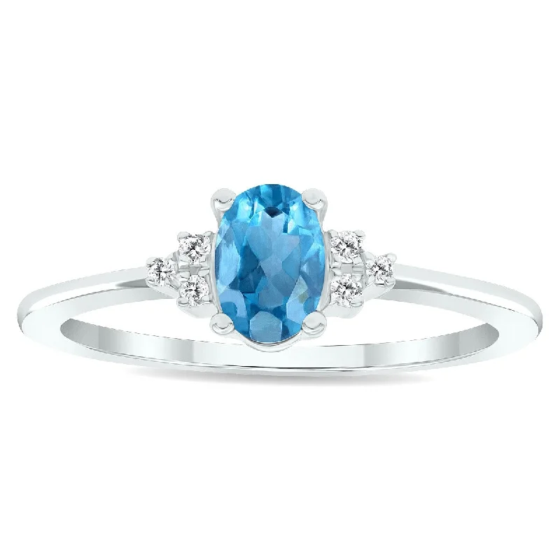 promise rings with birthstones -Women's Blue Topaz and Diamond Half Moon Ring in 10K White Gold