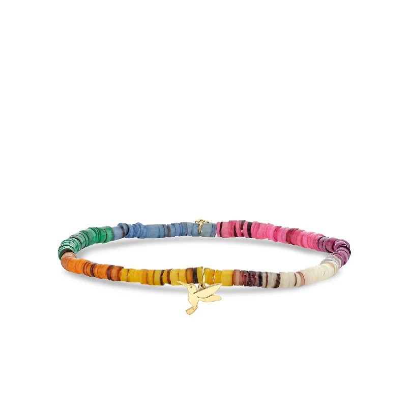 simple leather bracelets for women -Pure Gold Tiny Hummingbird on Multicolor Shell Heishi