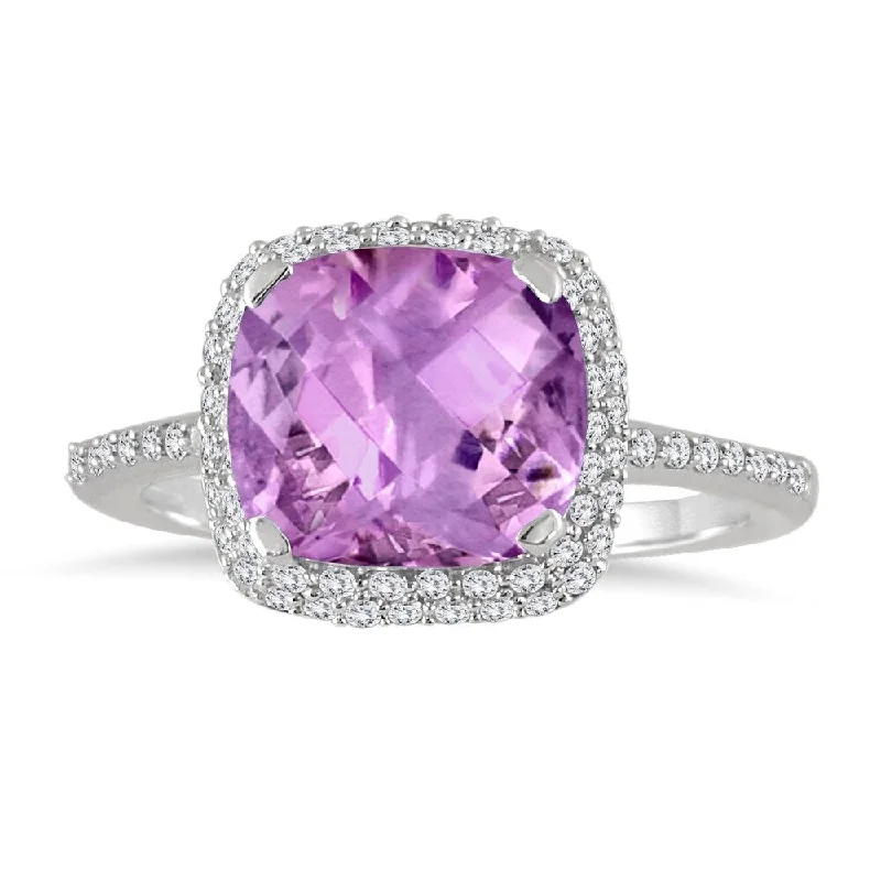 stylish rings for women -3 1/2 Carat Cushion Cut Amethyst and Diamond Halo Ring in 10K White Gold