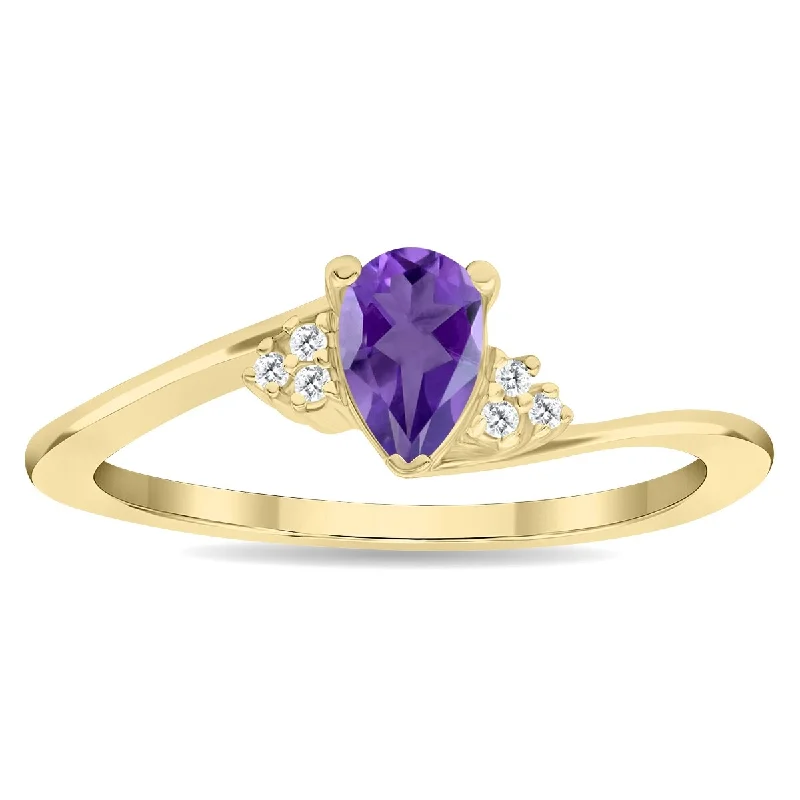 wedding bands for women -Women's Pear Shaped Amethyst and Diamond Tierra Ring in 10K Yellow Gold