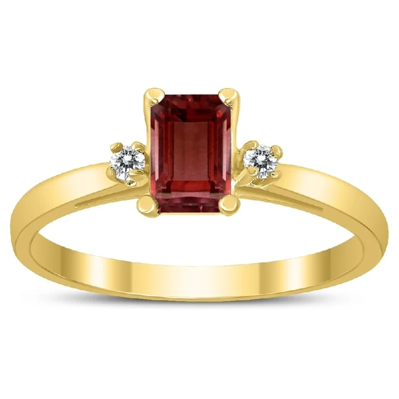 diamond cluster rings for women -Emerald Cut 6X4MM Garnet and Diamond Three Stone Ring in 10K Yellow Gold