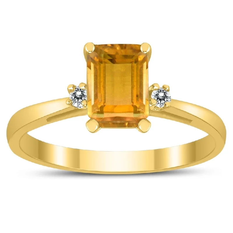 luxury rose gold rings -Emerald Cut 7X5MM Citrine and Diamond Three Stone Ring in 10K Yellow Gold