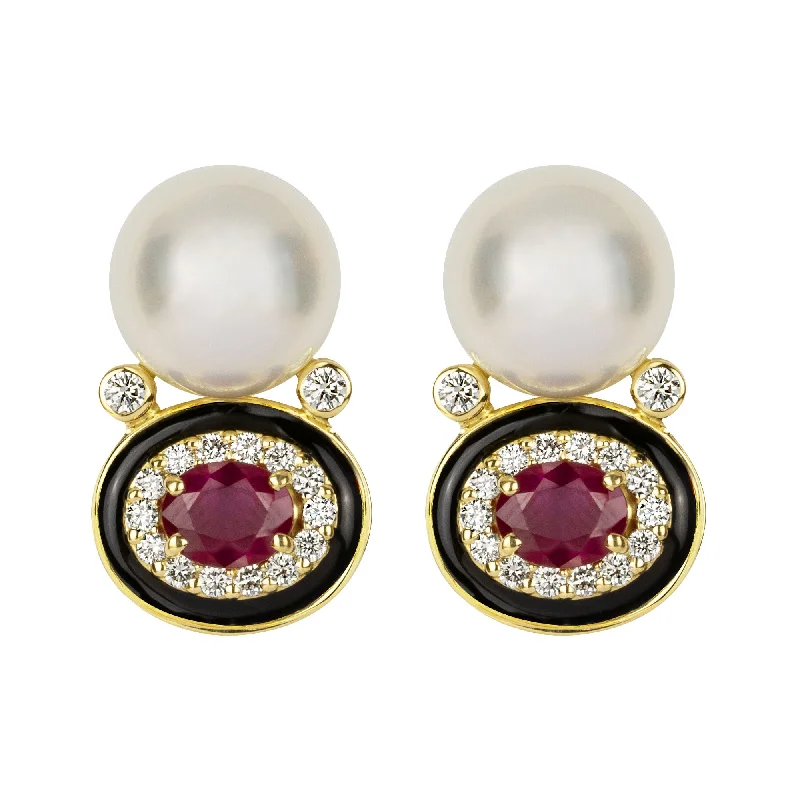 gold dangle earrings -Earrings - South Sea Pearl, Ruby And Diamond (Enamel)