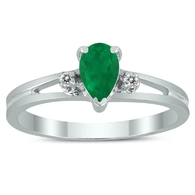 flower rings for women -6X4MM Emerald and Diamond Pear Shaped Open Three Stone Ring in 10K White Gold