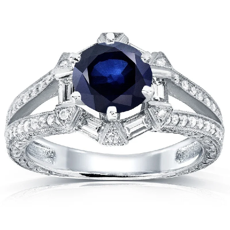 art deco rings for women -Annello by Kobelli 14k White Gold Blue Sapphire and 1/2ct TDW Diamond Art Deco Ring (G-H,