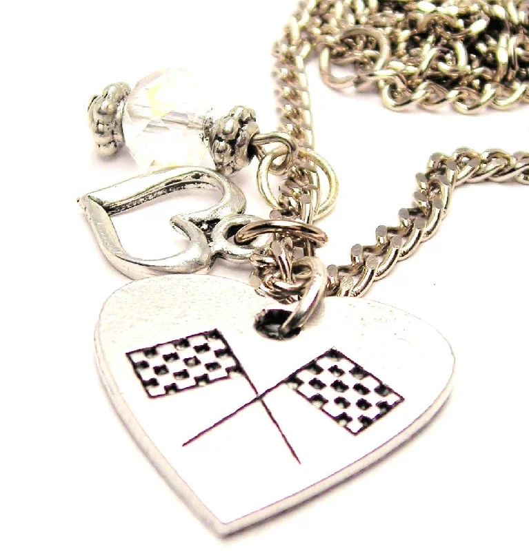 short necklaces for women -Crossed Race Flags In A Heart Necklace with Small Heart