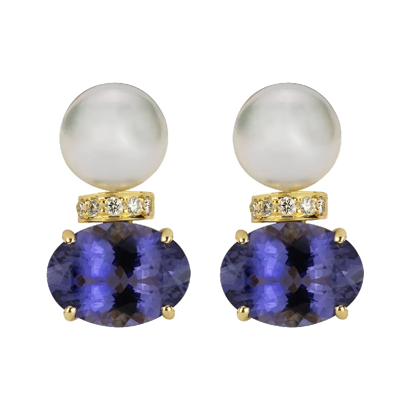 pearl drop earrings for women -Earrings - South Sea Pearl, Iolite And Diamond