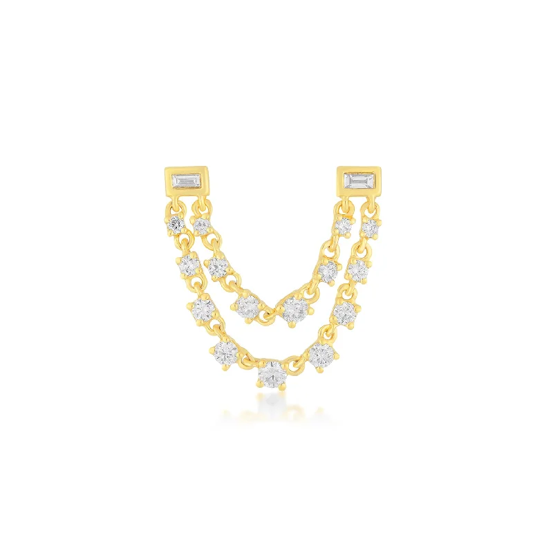 zirconia earrings for women -Baguette Double Diamond Chain Stud Earring