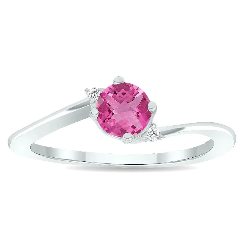 anniversary rings for women -Women's Pink Topaz and Diamond Wave Ring in 10K White Gold