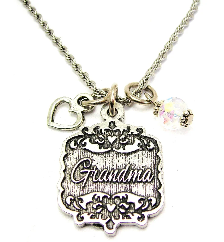 gold bar necklaces for women -Grandma Victorian Scroll With With Open Heart And Crystal 20" Stainless Steel Rope Necklace