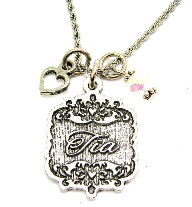 heart necklaces for women -Tia Victorian Scroll With Open Heart And Crystal 20" Stainless Steel Rope Necklace