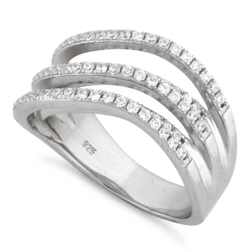 custom rings for women -Sterling Silver Double Wave Pave CZ Ring