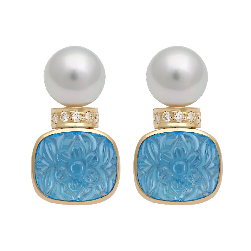 wedding earrings for women -Earrings - South Sea Pearl, Blue Topaz And Diamond