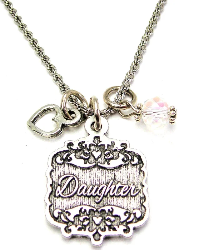 elegant necklaces for women -Daughter Victorian Scroll With Open Heart And Crystal 20" Stainless Steel Rope Necklace