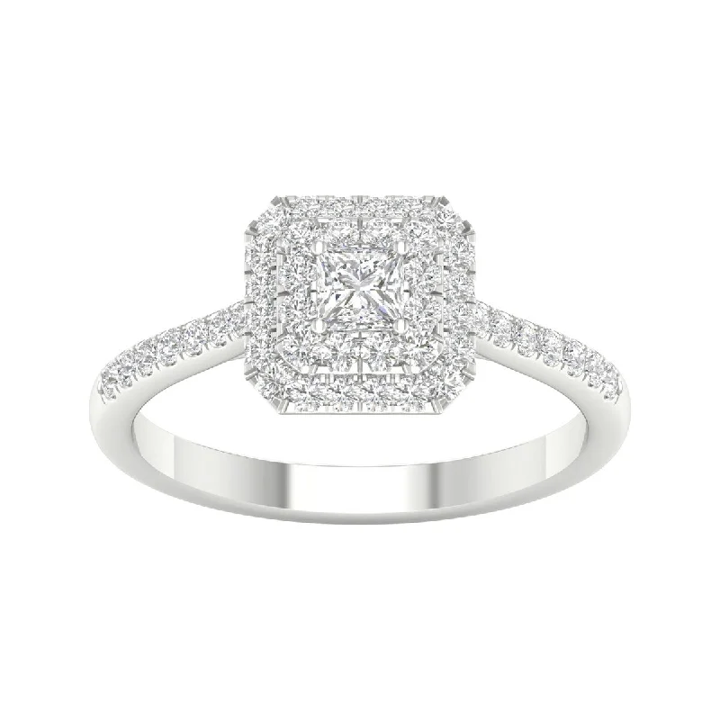 stackable rings for women -5/8ct TDW Princess Cut Diamond Halo Ring in 10k Gold by De Couer