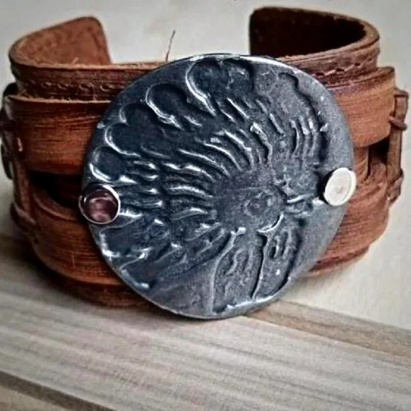 stylish leather bracelets -Indian Headdress Copper Leather Cuff