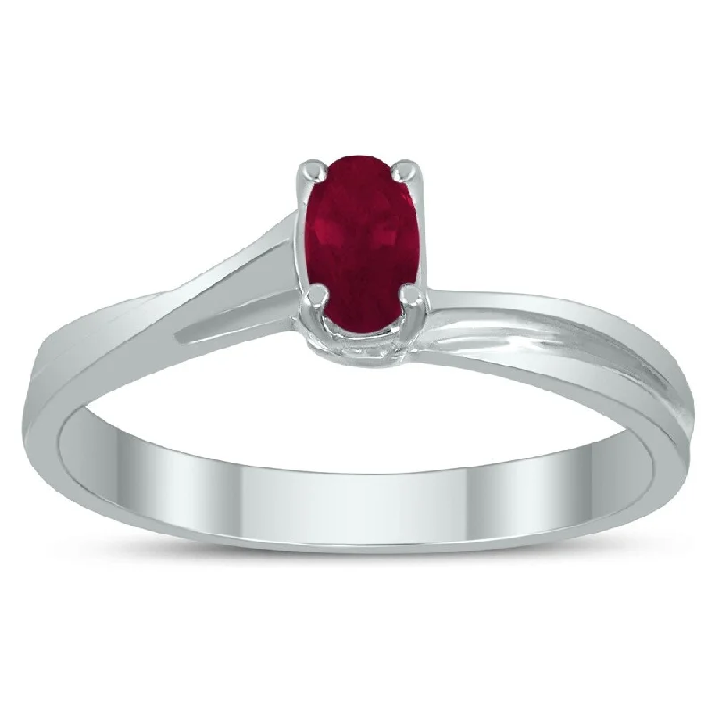 thin engagement rings -Solitaire Oval 5X3MM Ruby Gemstone Twist Ring in 10K White Gold