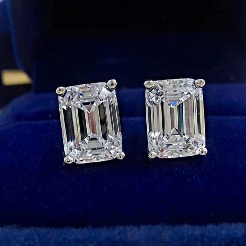 luxury ear cuffs -Emerald Cut Stud Earrings In Sterling Silver