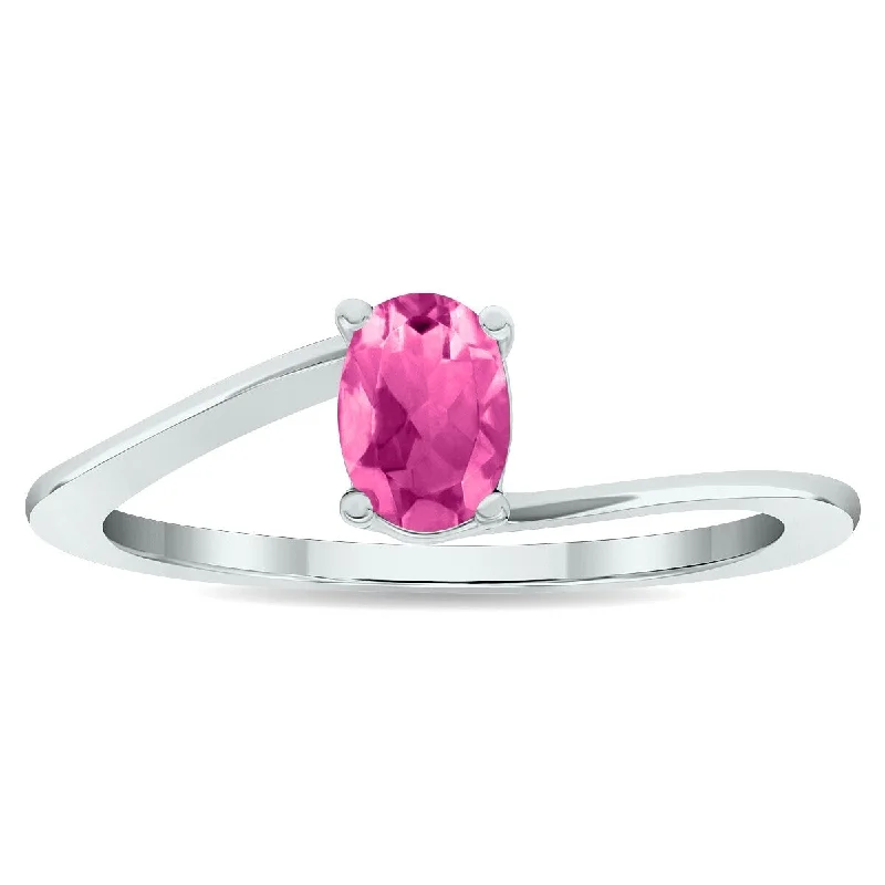 wedding rings with multiple stones -Women's Solitaire Pink Topaz Wave Ring in 10K White Gold