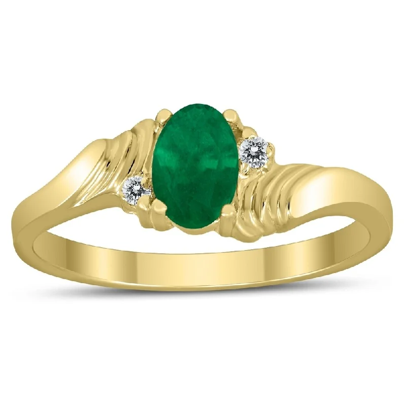 large statement rings -6X4MM Emerald and Diamond Wave Ring in 10K Yellow Gold