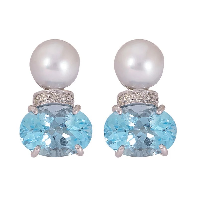 custom engraved earrings -Earrings- Pearl, Blue Topaz and Diamond