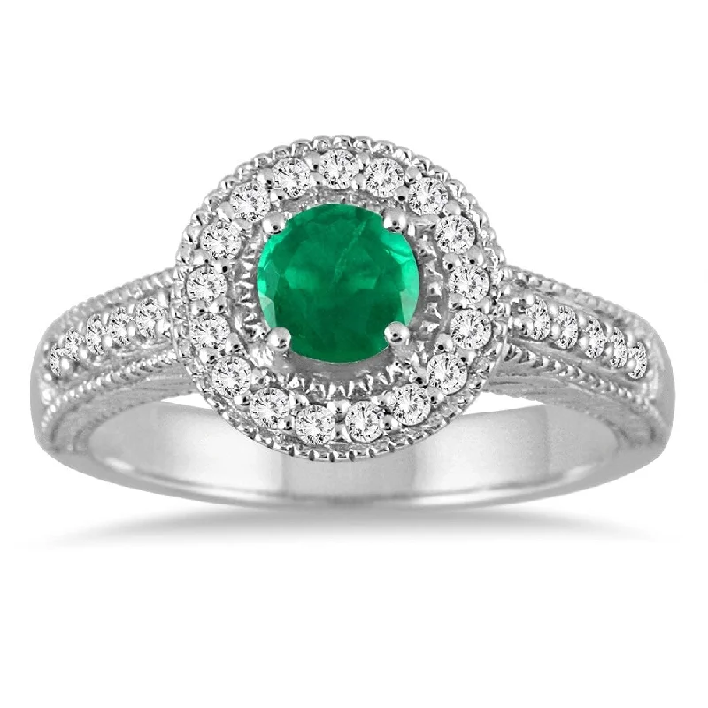 elegant diamond rings for women -Emerald and Diamond Halo Ring in 10K White Gold