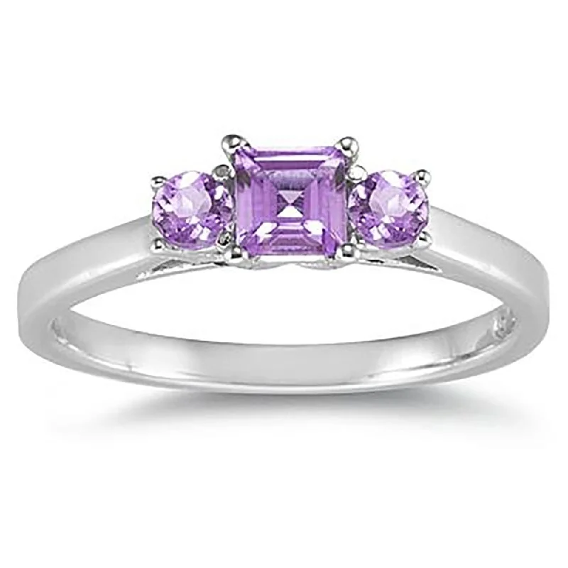 wedding rings with gemstones -3 Stone Amethyst Ring 14K White Gold