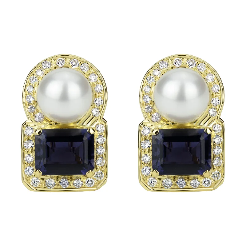 unique earrings for women -Earrings - South Sea Pearl, Iolite And Diamond