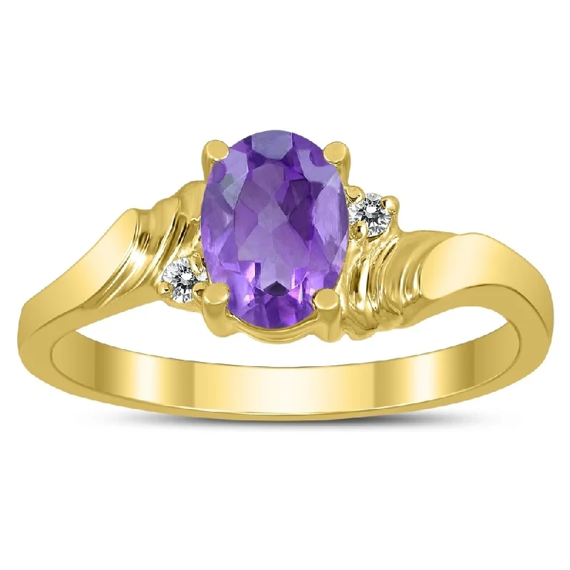 sapphire rings for women -7X5MM Amethyst and Diamond Wave Ring in 10K Yellow Gold