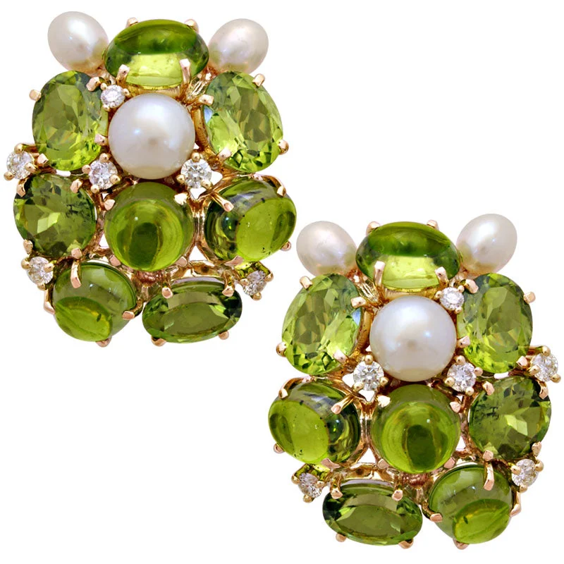 gold stud earrings for women -Earrings - Peridot, Pearl and Diamond