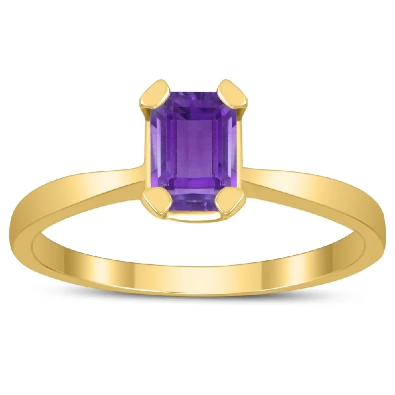 vintage engagement rings -Emerald Shaped 6X4MM Amethyst Solitaire Ring in 10K Yellow Gold