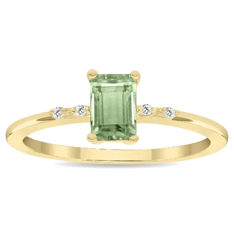 simple wedding rings for women -Women's Emerald Cut Green Amethyst and Diamond Sparkle Ring in 10K Yellow Gold