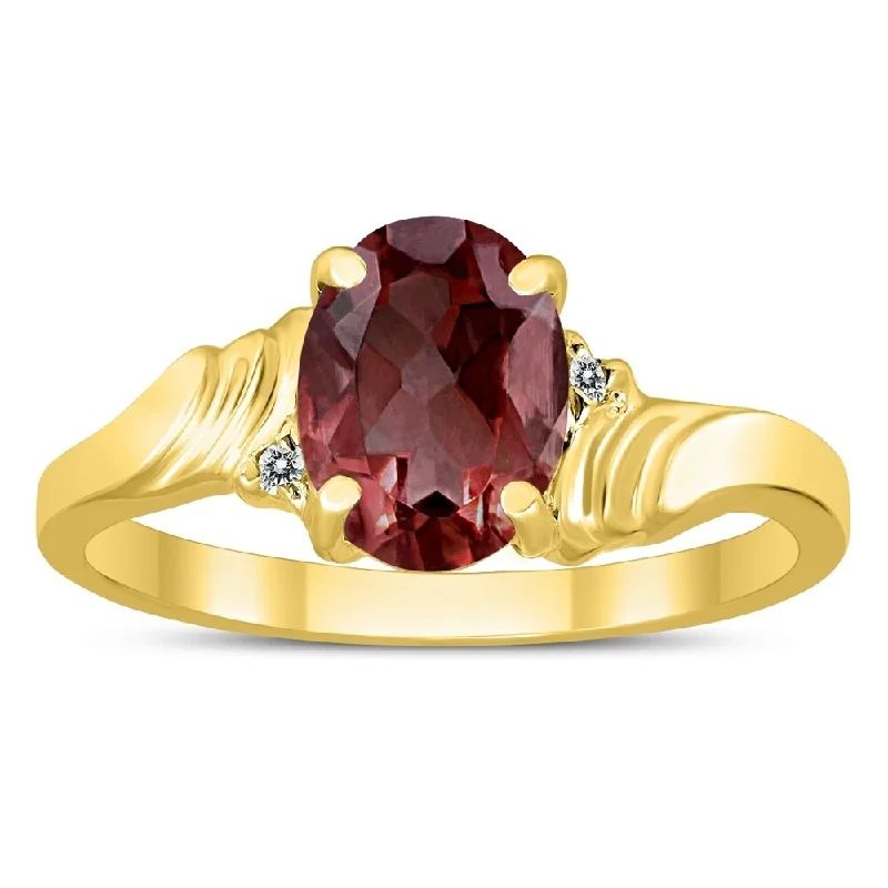 pearl engagement rings -8X6MM Garnet and Diamond Wave Ring in 10K Yellow Gold