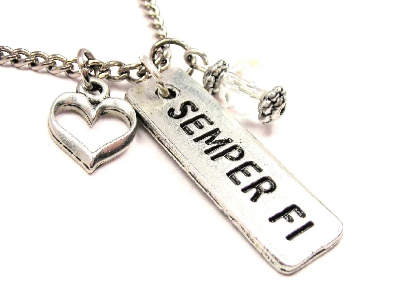 personalized heart necklaces -Semper Fi Tab Necklace with Small Heart