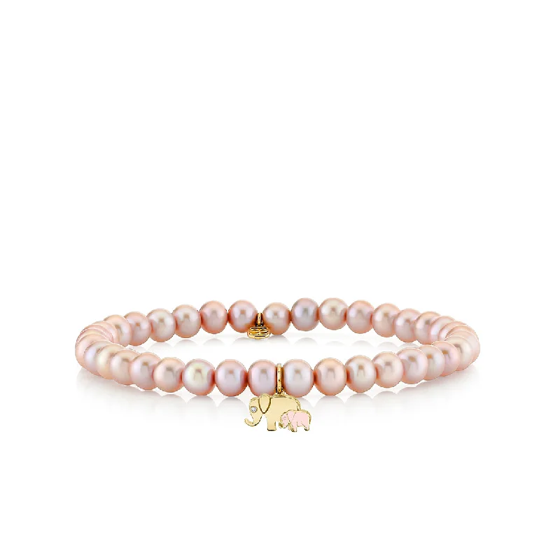 elegant tennis bangles -Gold & Diamond Elephant Family on Rose Pearls