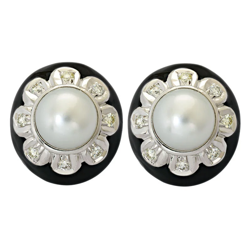 hoop earrings for women -Earrings-South Sea Pearl and Diamond (Enamel)