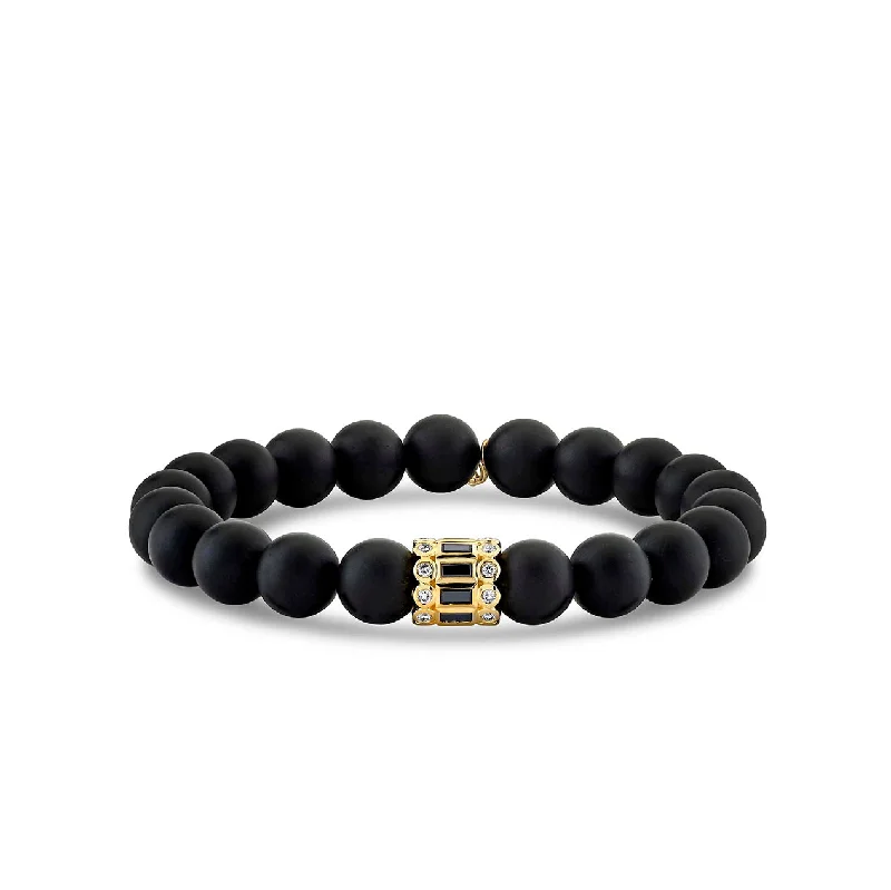 luxury fashion bracelets -Gold & Black Diamond Stacked Baguette & Bezel Rondelle on Onyx