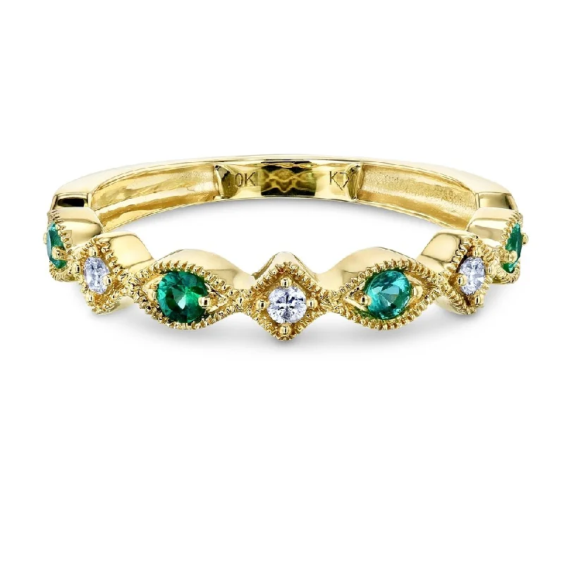 elegant diamond rings for women -Annello by Kobelli 10k Yellow Gold 1/5ct.tw Alternating Emerald and Diamond Patterned Fashion Stackable Ring