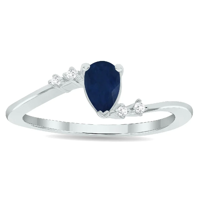 sapphire rings for women -Women's Sapphire and Diamond Wave Ring in 10K White Gold