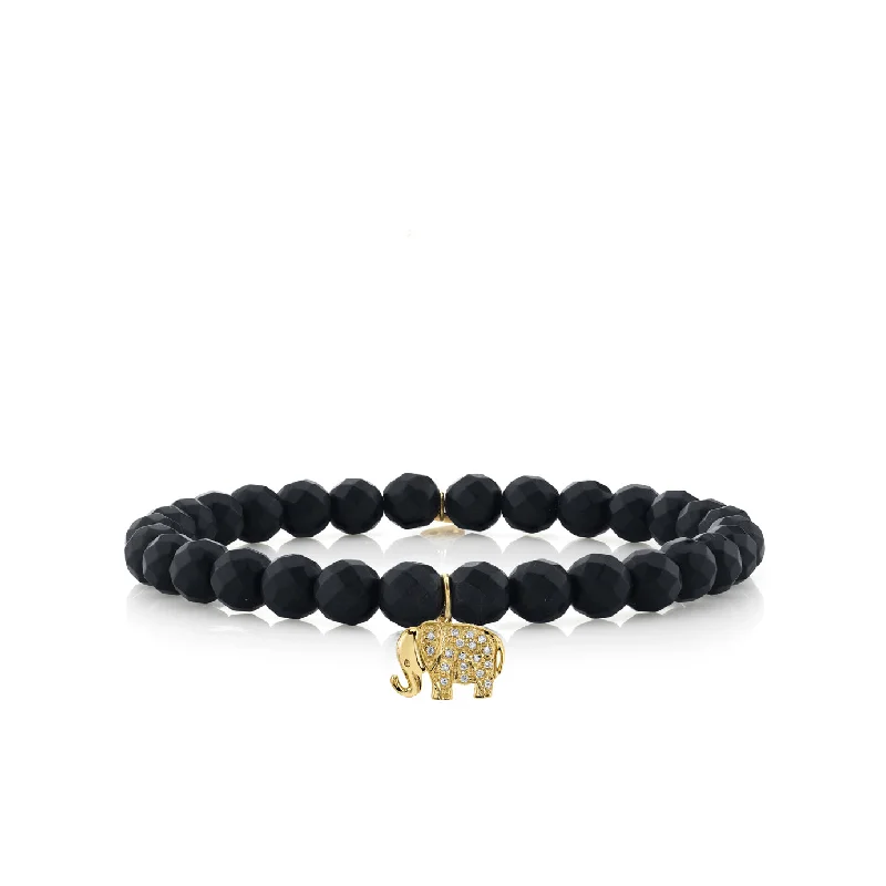 sterling silver bangles -Gold & Diamond Small Elephant on Matte Black Onyx