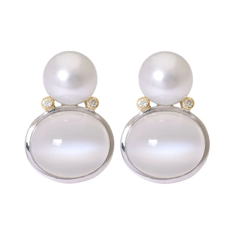 long drop earrings for women -Earrings- Moonstone, South Sea Pearl and Diamond