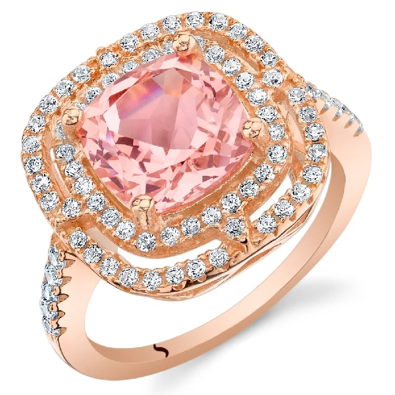 halo wedding rings for women -Rose Tone Sterling Silver 3.75 ct Created Morganite Halo Ring