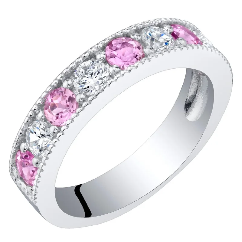 colorful gemstone rings -Sterling Silver 0.75 ct Created Pink Sapphire Stackable Ring