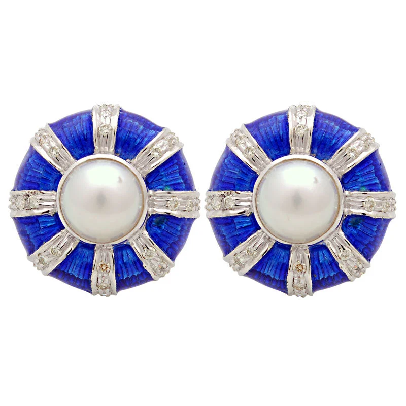 women's gold earrings -Earrings-South Sea Pearl and Diamond (Enamel)