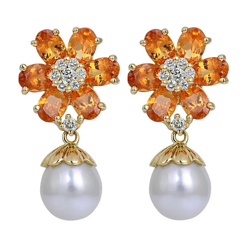 stud earrings for women -Earrings - Orange Garnet, South Sea Pearl and Diamond