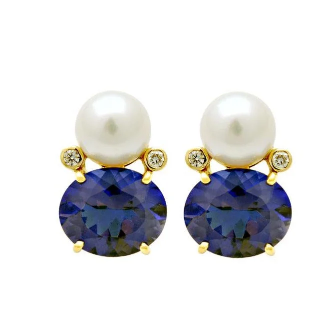 simple earrings for women -Earrings-Iolite, South Sea Pearl and Diamond