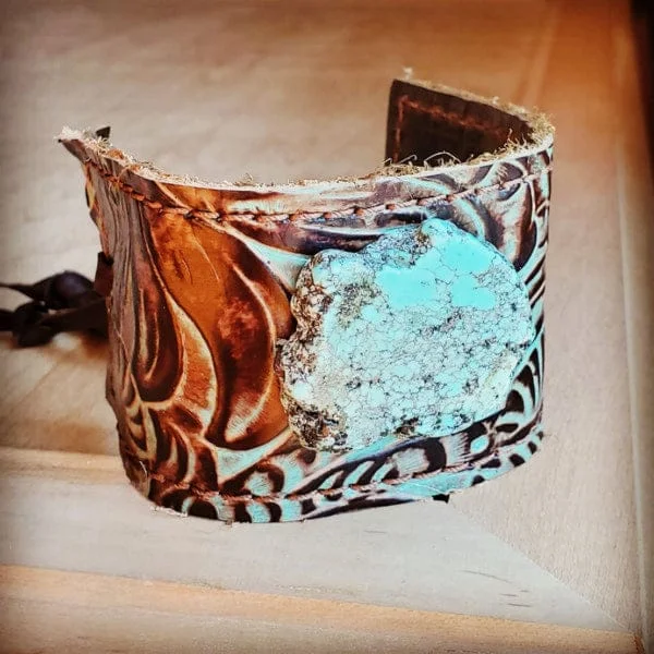 sparkly bangles for women -Leather Cuff with adjustable Tie in Turquoise Brown Floral