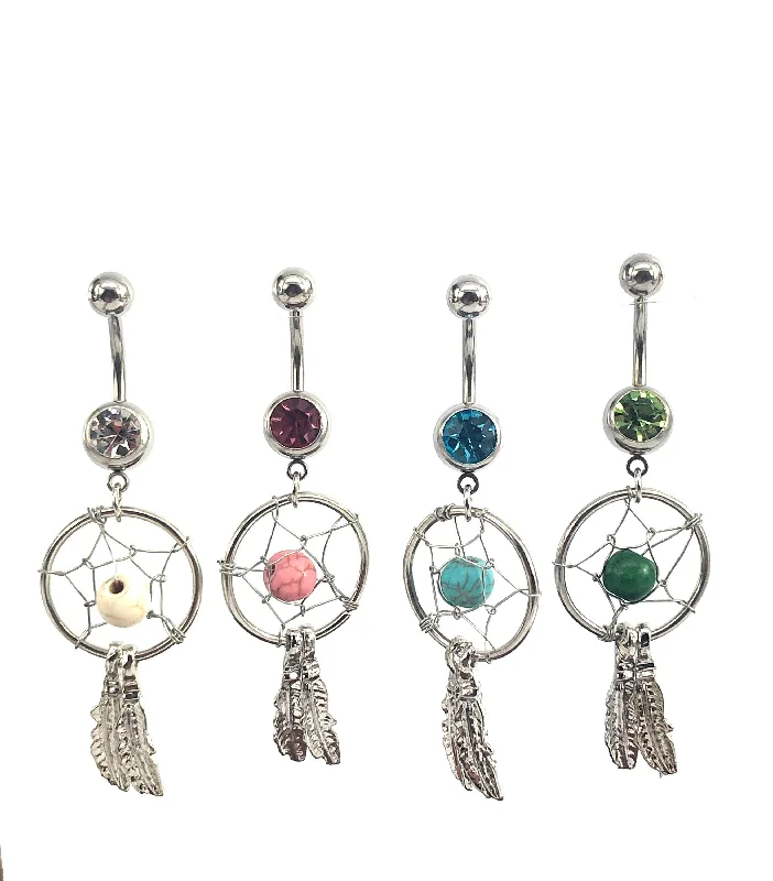 anniversary gemstone rings -Stainless steel curve bar , dream catcher gem belly ring, SKU# NBR029