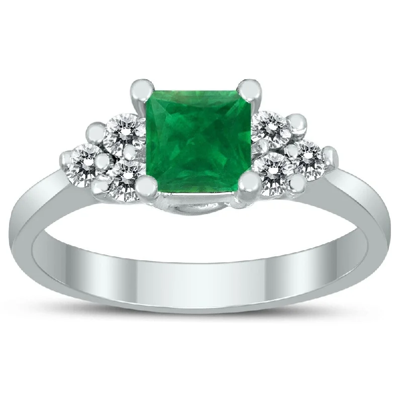 stackable rings for women -Princess Cut 5X5MM Emerald and Diamond Duchess Ring in 10K White Gold