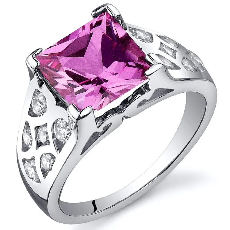 unique diamond rings for women -Sterling Silver 3.25 ct Created Pink Sapphire Birthstone Ring